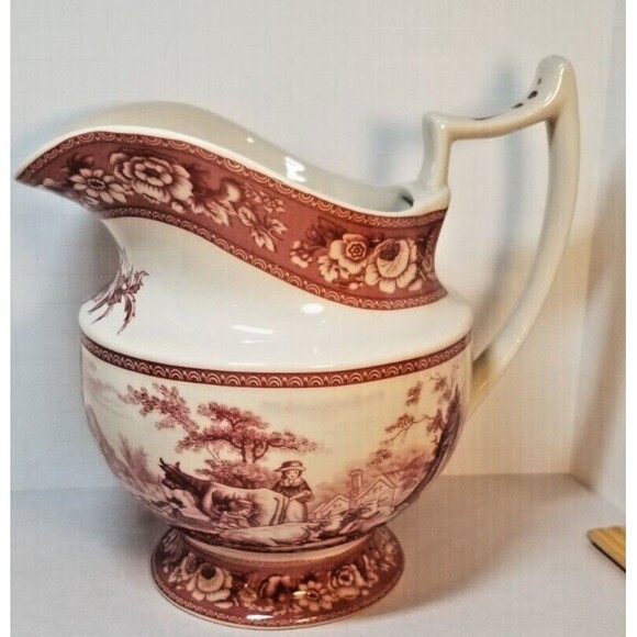 Vintage Red Toile Transfer wear Porcelain Pitcher French Farm Scene Farmhouse - Picture 3 of 9